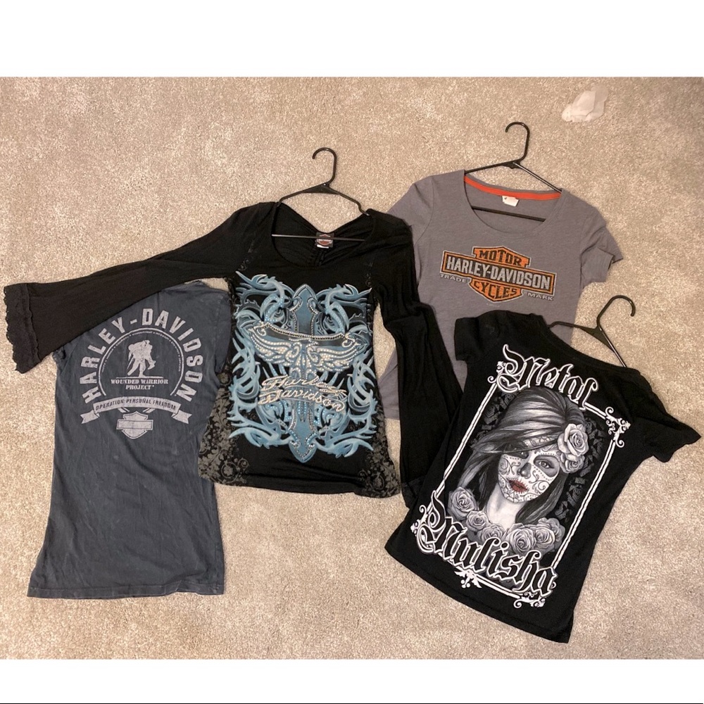 3 Harley Davidson & 1 Metal Mulisha shirts, two HD shirts have Swarovski crystal